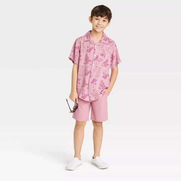 ⬇️⬇️⬇️Boys' Dino Tropical Button-Down Short Sleeve Resort Shirt - Pink - Picture 1 of 4